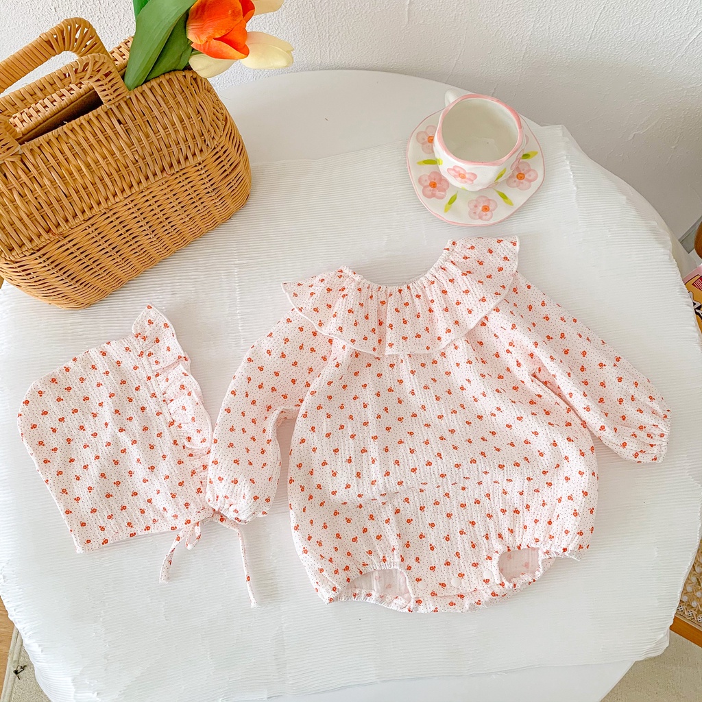 Bộ Áo Liền Quần Tay Dài In Hoa Chất Liệu Cotton Dễ Thương Cho Bé Gái