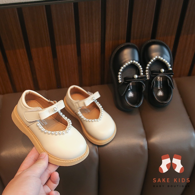 Giày búp bê bé gái, Giày da cho bé gái phong cách Hàn Quốc chất da PU mềm mại phối ngọc xinh xắn có quai dán C30