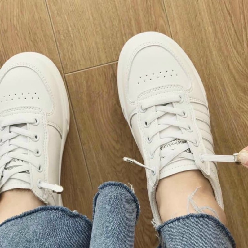 Giày thể thao nữ không cần buộc dây trắng kem 3 vạch, giày sneaker nữ đế êm thích hợp đi làm đi bộ, hàng chuẩn loại 1