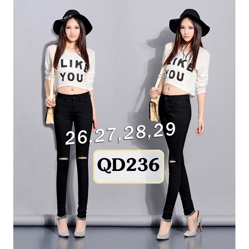 Quần Jean Đen 💕FREESHIP💕Giảm 45k Khi Mua Đơn Từ 500k - Quần jean đen lưng cao 1 nút xắn lai rách 2 bên QD236