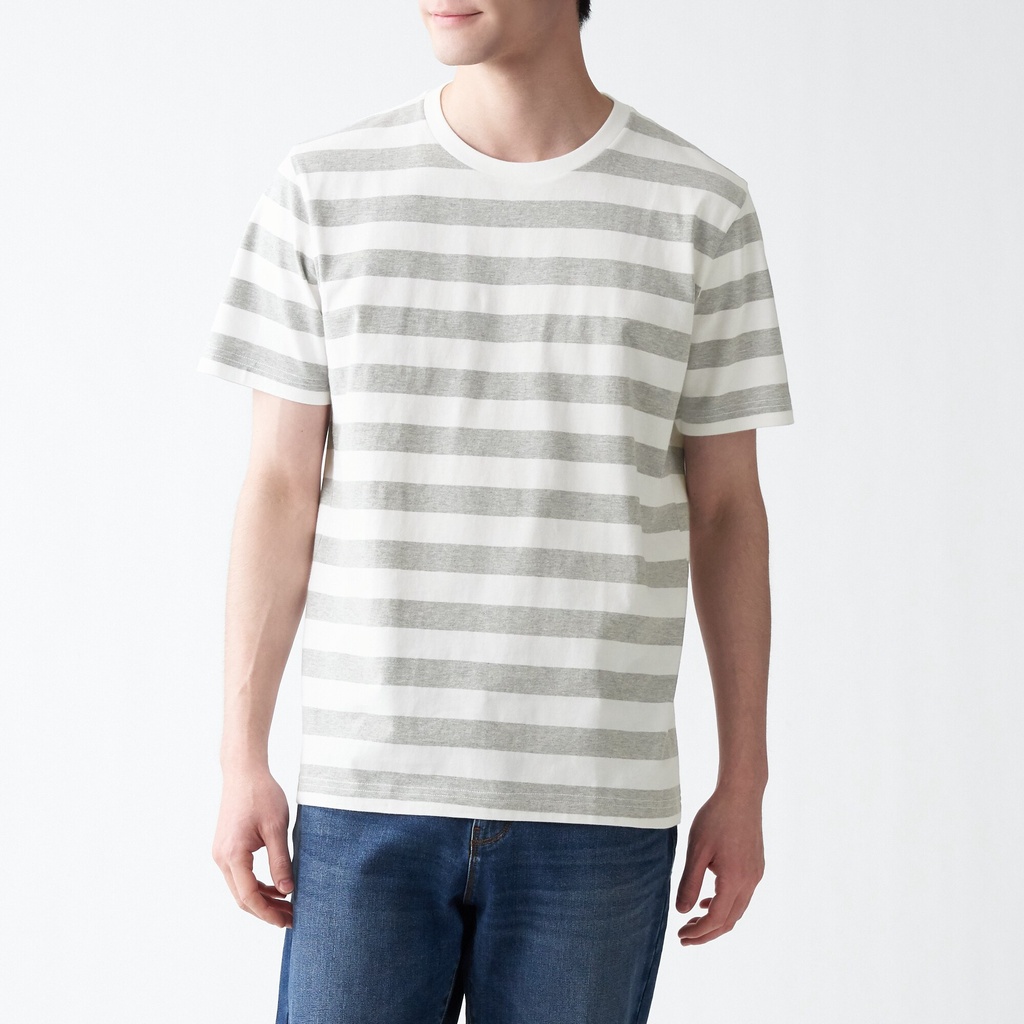 Muji Áo Thun Vải Jersey Cotton Ấn Độ Ngắn Tay - Sọc To