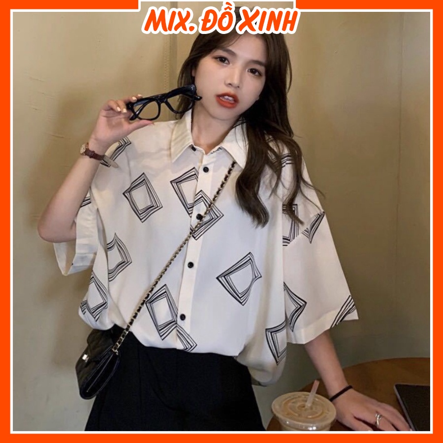 Áo sơ mi nữ form rộng tay lỡ, sơ mi kiểu nữ Mix. Đồ Xinh, chất liệu Đũi trơn mịn mát in hình Ô Vuông Đen Trắng
