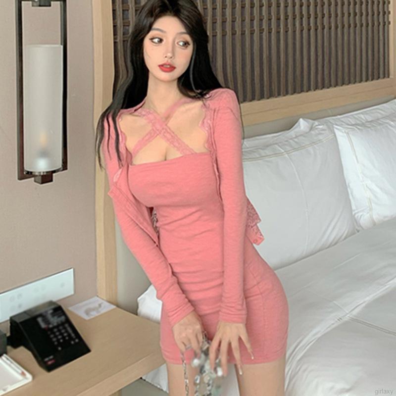 Set đầm dây màu trơn kèm áo khoác cardigan quyến rũ cho nữ