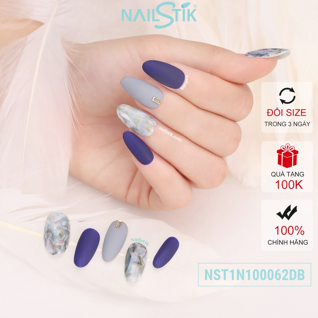 Móng úp thiết kế by NAILSTIK, màu xanh, form móng bầu, ngắn/dài, 062