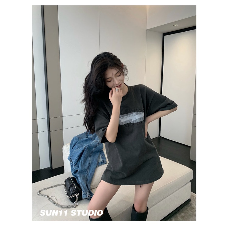 Áo Thun Tay Ngắn Dáng Rộng In Chữ Màu Xám Đậm Thời Trang Mùa Hè Hàng Mới Dành Cho Bạn Nữ 2021