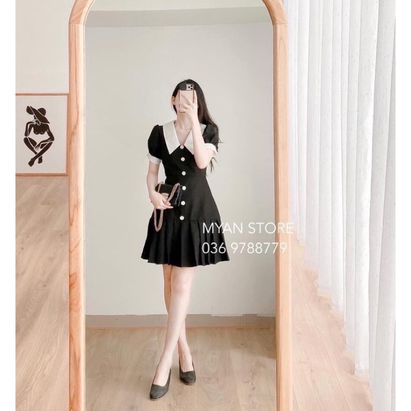 Đầm Công Sở Phối Cổ Trắng Đuôi Váy Dáng Xếp Ly Thanh Lịch