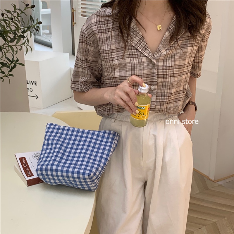 Túi xách vải canvas hai mặt họa tiết sọc caro