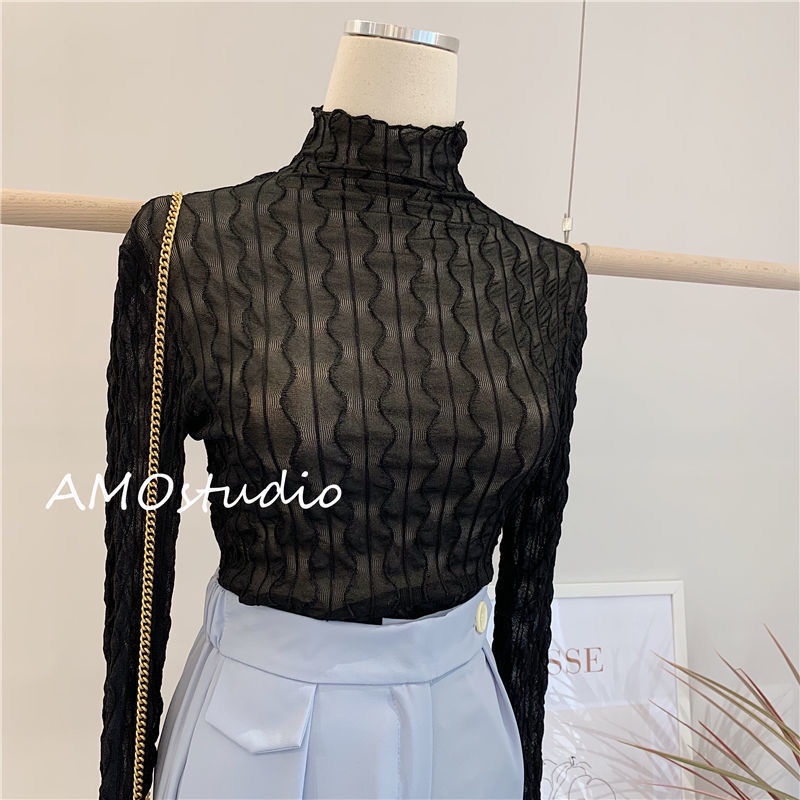 New turtleneck mesh lingerie for ladies in spring and fall sheer lace long-sleeved tops for ladies