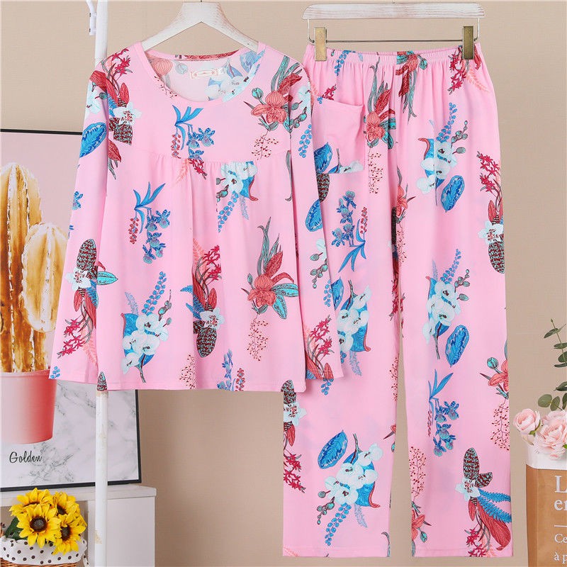 Đồ ngủ & Đồ mặc nhà☋▥﹍Xuân thu trung niên bà mẹ dài tay túi quần pyjama nữ phục vụ tại nhà béo plus size bộ đồ