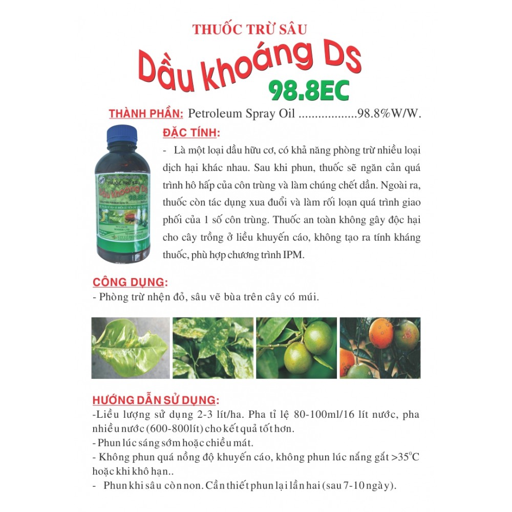 DẦU KHOÁNG DS 98.8EC Chai 500ml Phòng trừ nhện đỏ, sâu vẽ bùa trên cây có múi