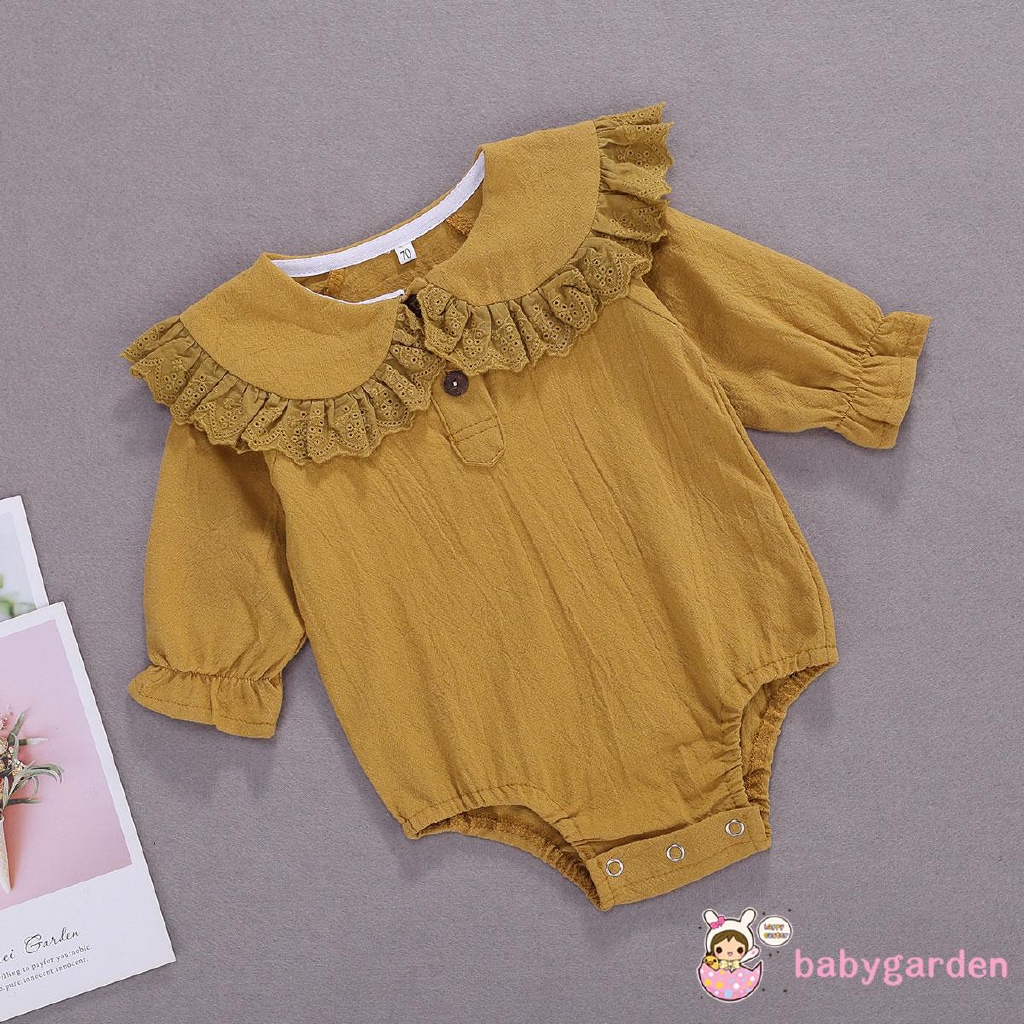 Áo liền quần cổ bèo dài tay dành cho bé gái từ 0-24 tháng tuổi