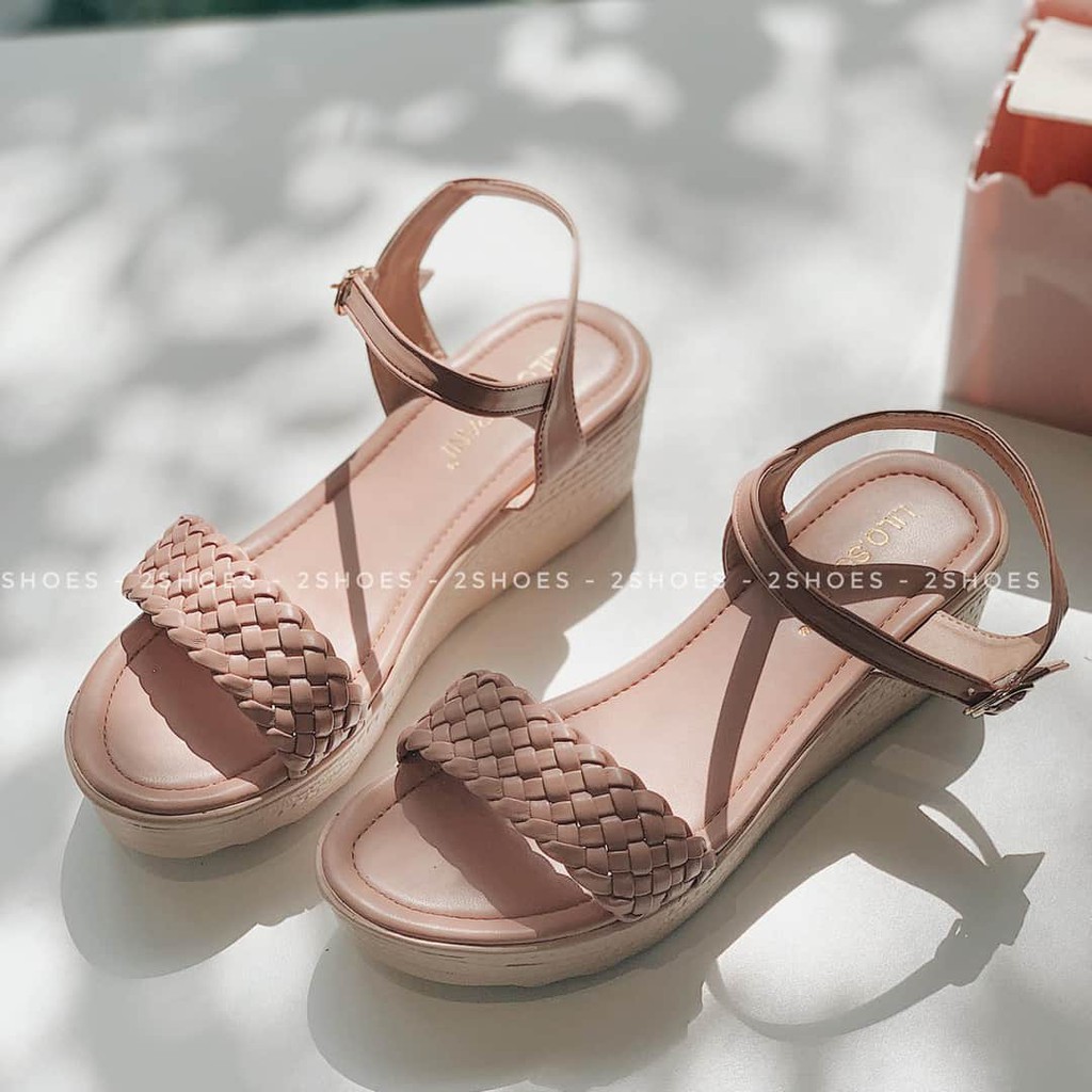 [LOẠI I] Sandal nữ đế xuồng nhẹ cao 5cm quai ngang đan cói xoắn tết bện đơn giản màu đen/be nhẹ êm mùa hè hot 2021