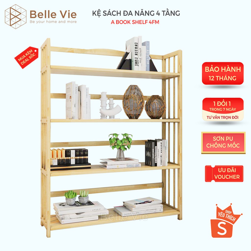 Kệ Sách 4 Tầng x 94Cm BelleVie Kệ Gỗ Decor Lắp Ráp Đơn Giản Dễ Dàng Bookshelf 4F Natural