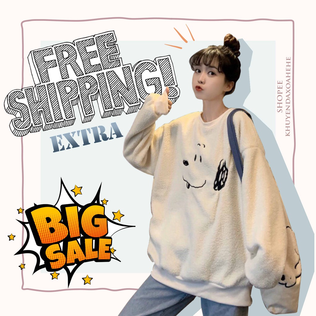 A023 Áo lông cừu trắng Snoopy unisex dáng rộng dài tay, áo hoodie sweater nam nữ trắng đen form to Ulzzang freesize cute