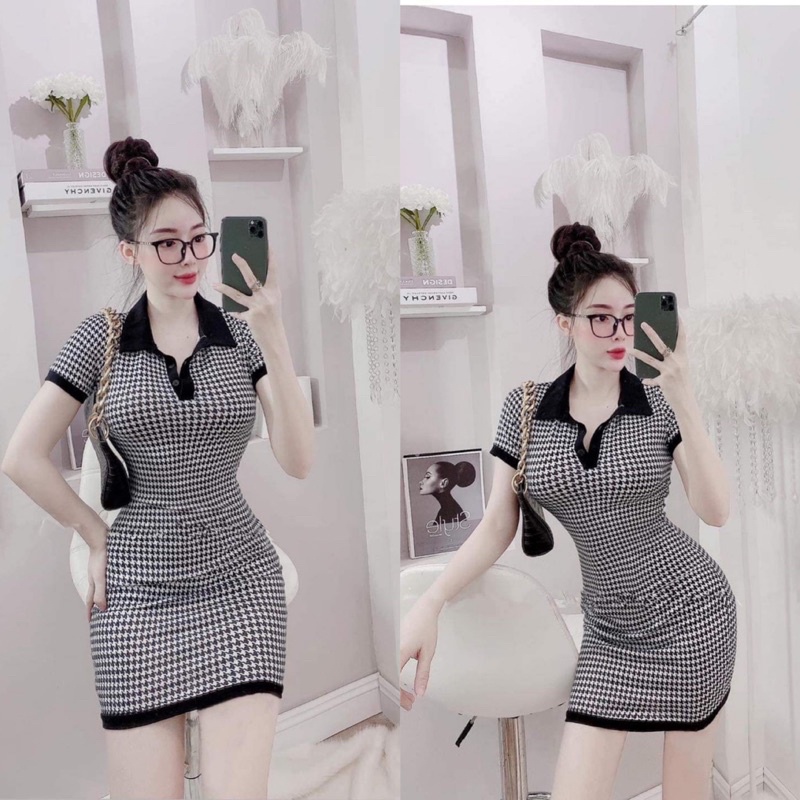 Đầm cổ trụ thun gân
