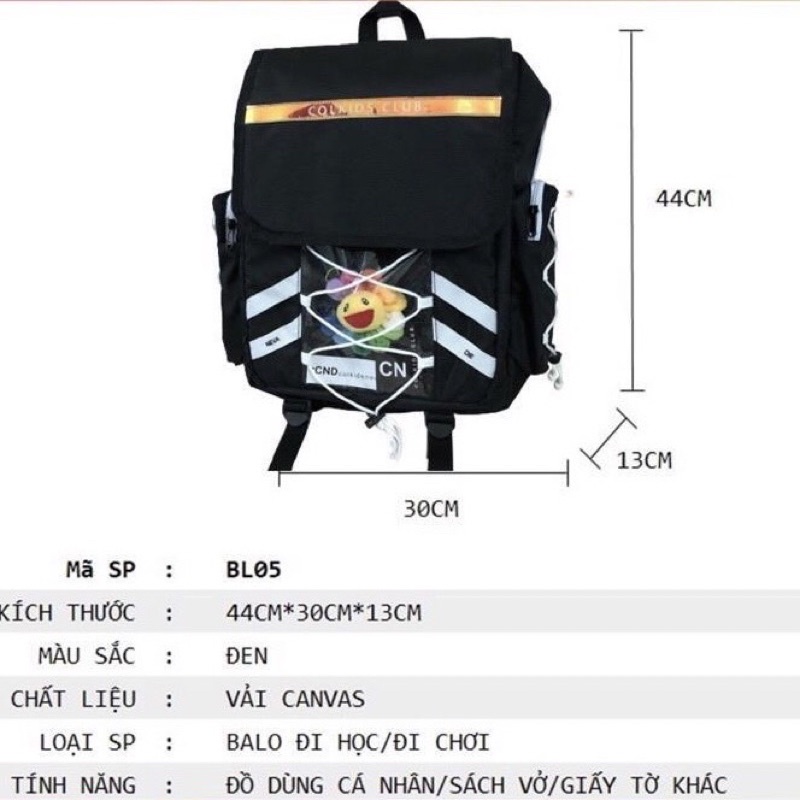 Balo COL KIDS.CLUP phản quang cặp sách đi học nam nữ chất vải canvas chống thấm nước nhiều ngăn đựng BZ 118