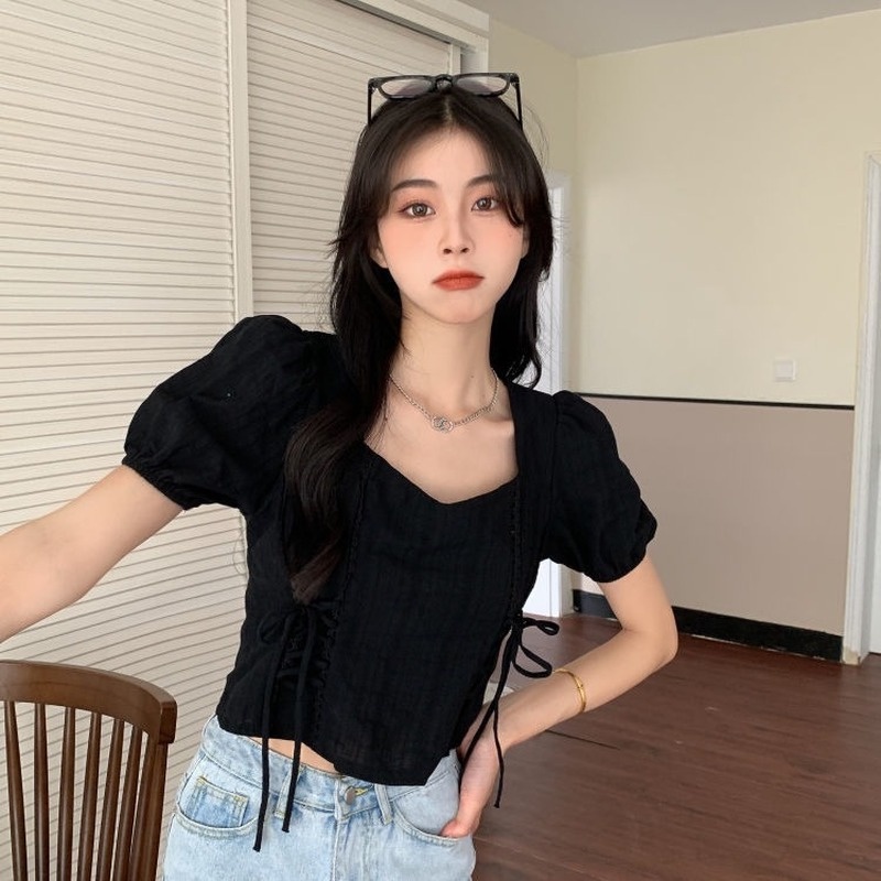 Áo Kiểu Cổ Vuông Tay Phồng Phối Dây Rút Phong Cách Pháp Thời Trang Mùa Hè Cho Nữ