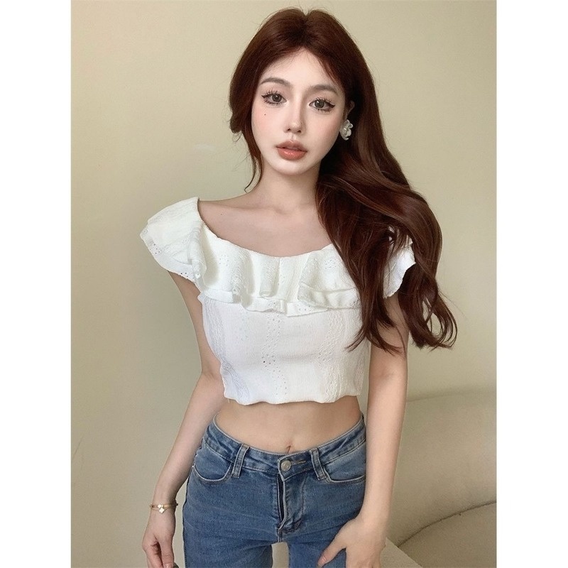 Áo Thun Croptop Dáng Ôm Màu Hồng Phối Bèo Thời Trang Mùa Hè Cho Nữ