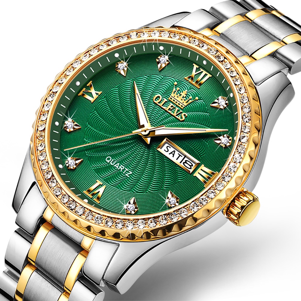OLEVS 5565 đồng hồ nam chính hãng cao cấp chống nước dây thép đính đá đẹp vàng màu xanh lá trắng