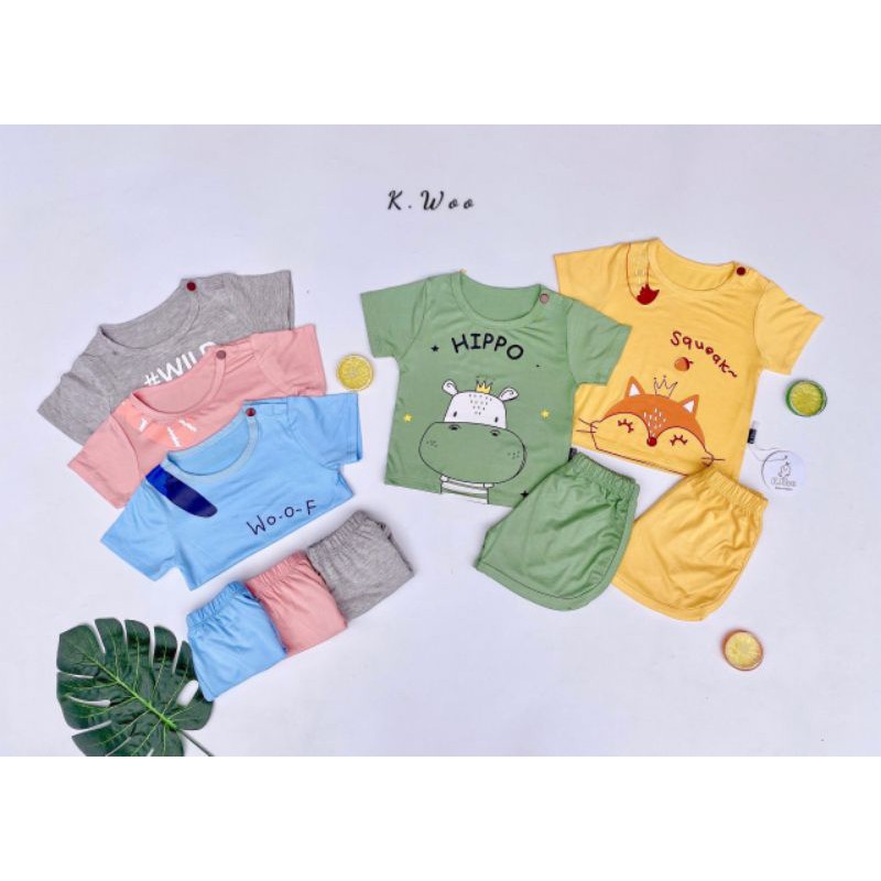 Bộ cotton lạnh hình thú quần vạt chéo cho bé