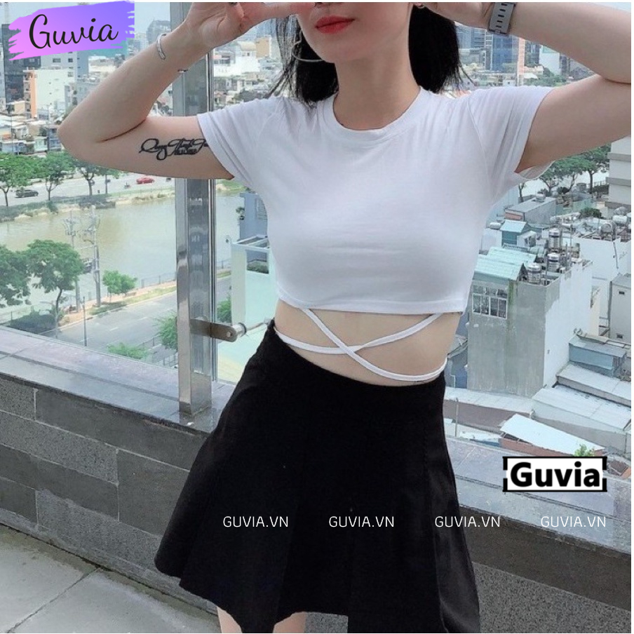 Áo Croptop Kiểu Nữ Dây Quấn Bụng Tay Ngắn Sexy Ôm Body GUVIA