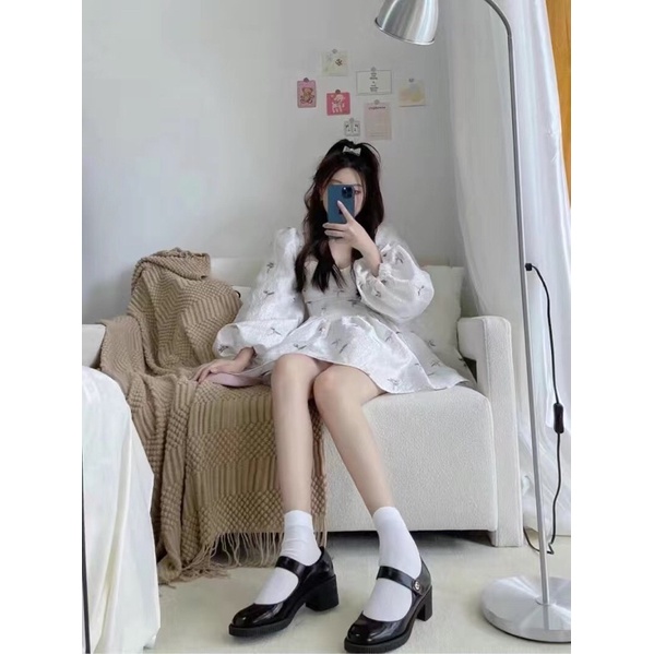 Đầm Tay Phồng Cổ Vuông Phong Cách Retro Pháp Thời Trang Mùa Thu Cho Nữ