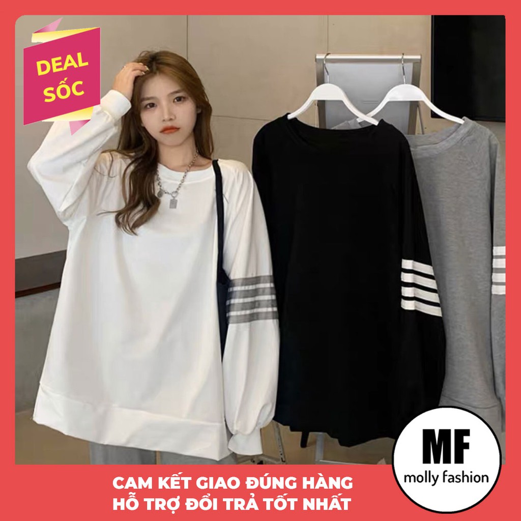 Áo thun nữ tay dài form rộng Unisex 4 dòng kẻ Freesize mặc vừa từ 40-70kg dành cho cả nam và nữ Molly Fashion