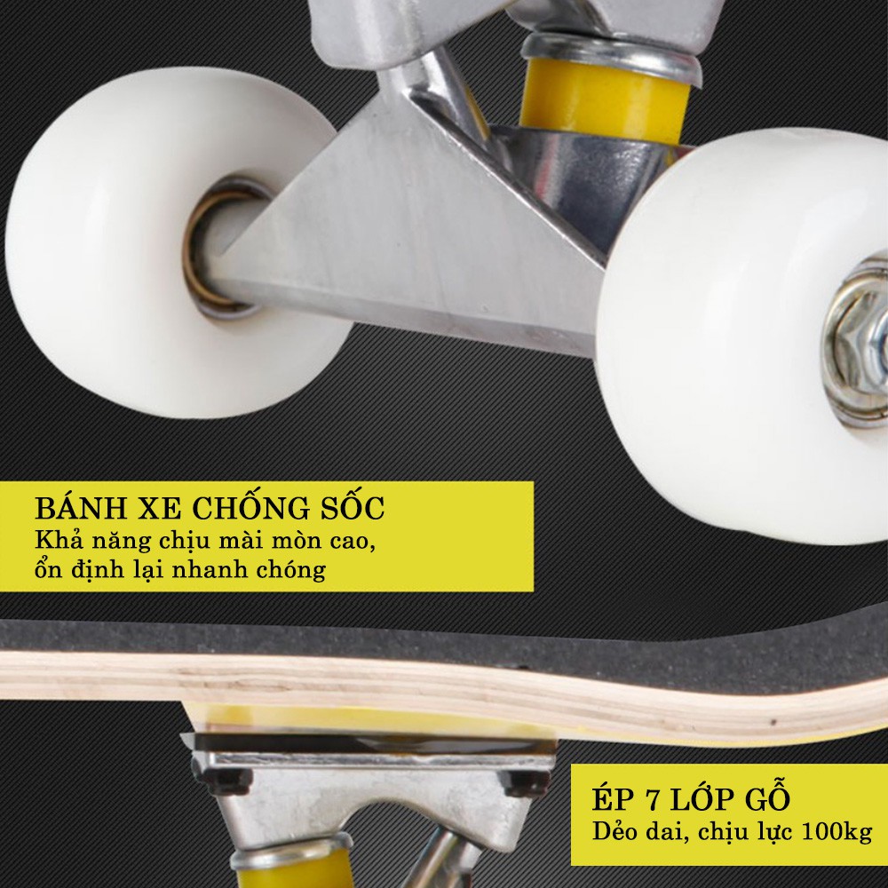 Ván Trượt Thể Thao ⚡FREE SHIP⚡ Ván Trượt  Skateboard Gỗ Phong 7 Lớp, Mặt Nhám Cao Cấp