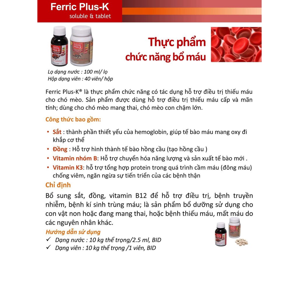 Thực Phẩm Bổ Máu Ferric Plus K - Chai 100ml - Hỗ Trợ Sức Khỏe Thú Cưng - Chăm Sóc Vật Nuôi