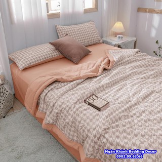 Bộ chăn ga gối ga giường cotton Đũi kẻ Roma chăn trần hè - Ngân Khánh Bedding drap giường, mền hè