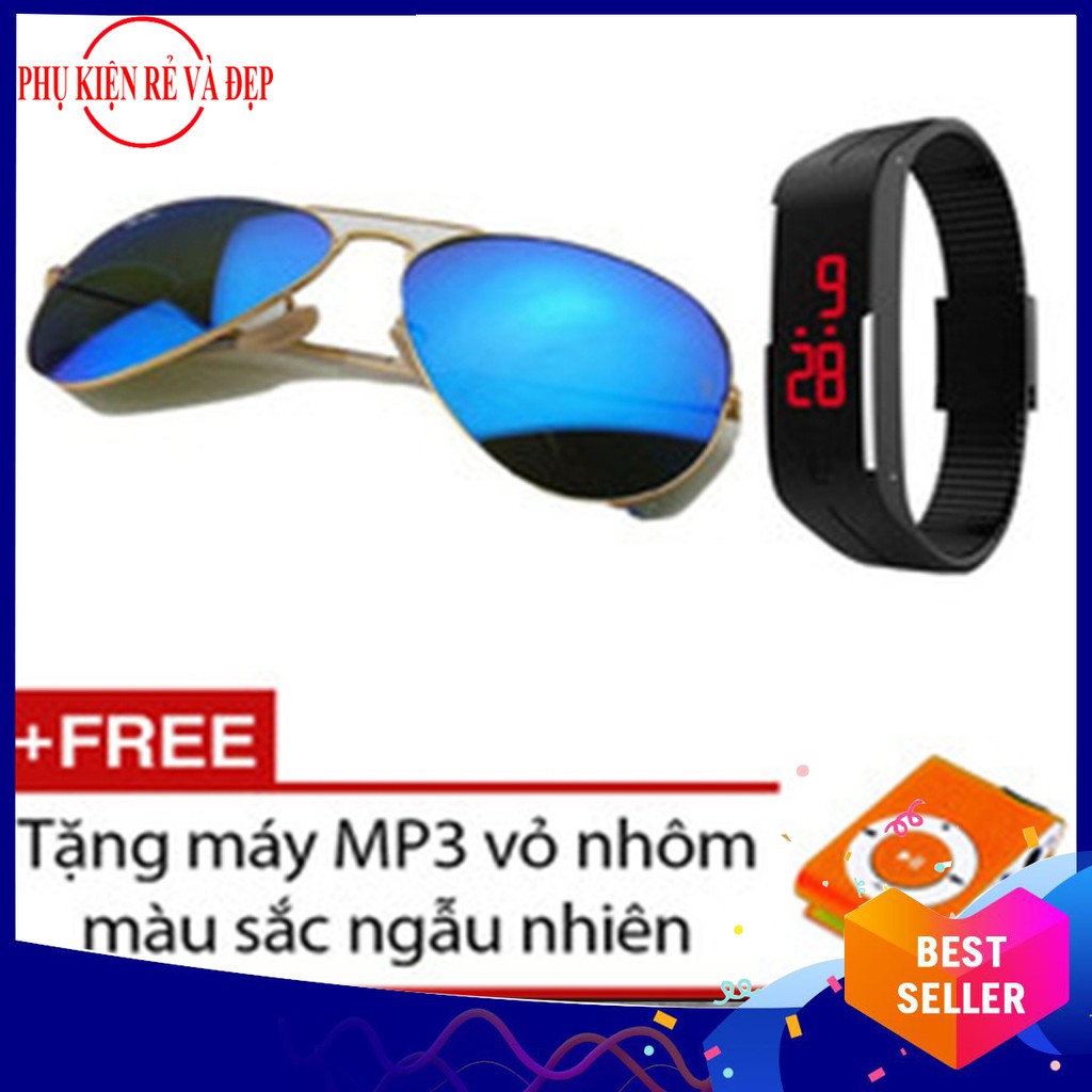 Kính mát Unisex+ Đồng hồ led + Tặng máy nghe nhạc MP3 vỏ nhôm