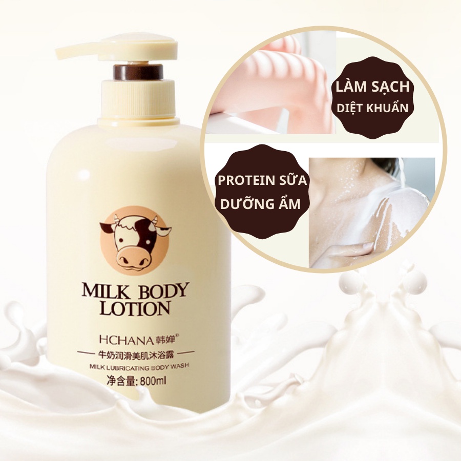 Sữa tắm Milk Body Botion Hchana chiết xuất Protein từ sữa thủy phân dưỡng ẩm thơm mát từ sữa bò 800ml
