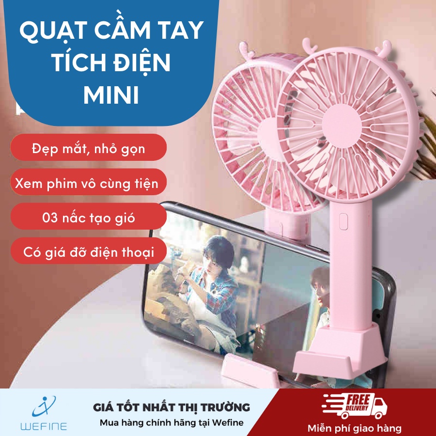 QUẠT CẦM TAY TÍCH ĐIỆN 3 CHẾ ĐỘ GIÓ MINI, QUẠT CÓ ĐẾ ĐỠ ĐIỆN THOẠI TIỆN LỢI