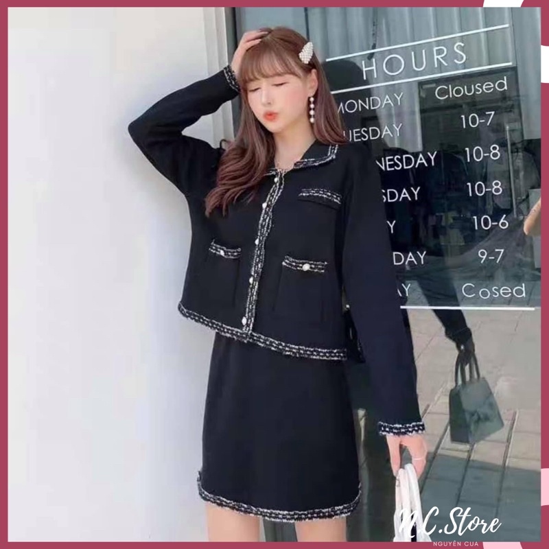 Set Len Viền Dạ Áo Len Dài Tay + Chân Váy Hàng Quảng Châu Đẹp