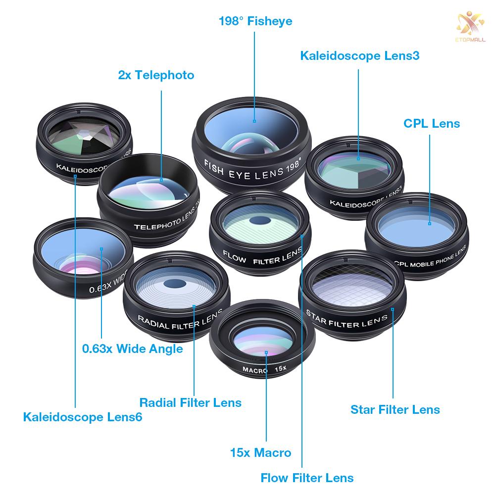 ET APEXEL 10 in 1 Phone Camera Lens Kit with 0.63X Wide Angle + 15X Macro + 198°Fisheye + 2X Telephoto + CPL + Star Filter + Radial Filter + Flow Filter + Kaleidoscope 3 + Kaleidoscope 6 Compatible with Android