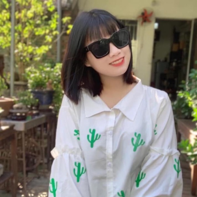 Áo sơ mi in hình xương rồng tay bo Ullzang