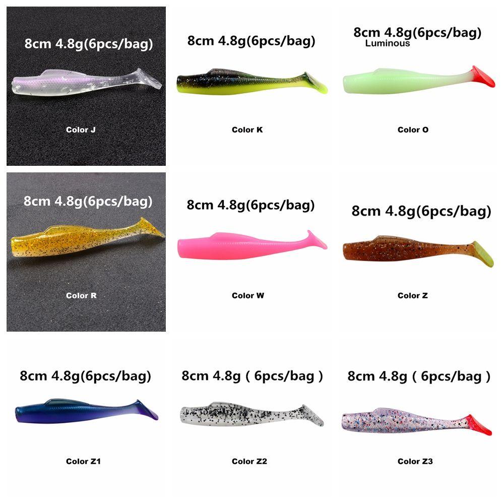 LETTER 6pcs/lot High Quaility Soft Plastic Lure Swim Single T Tail Fishing Worm Bait Artificial Double Color Durable Hot 8cm/4.8g Capuchin Maggot