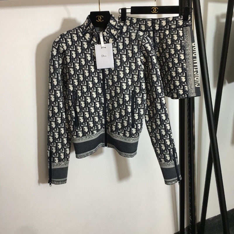 Bộ đồ dệt kim mới logo hoa lá cũ Áo khoác cardigan có dây kéo dài tay + quần short, màu xanh đậm dior CD
