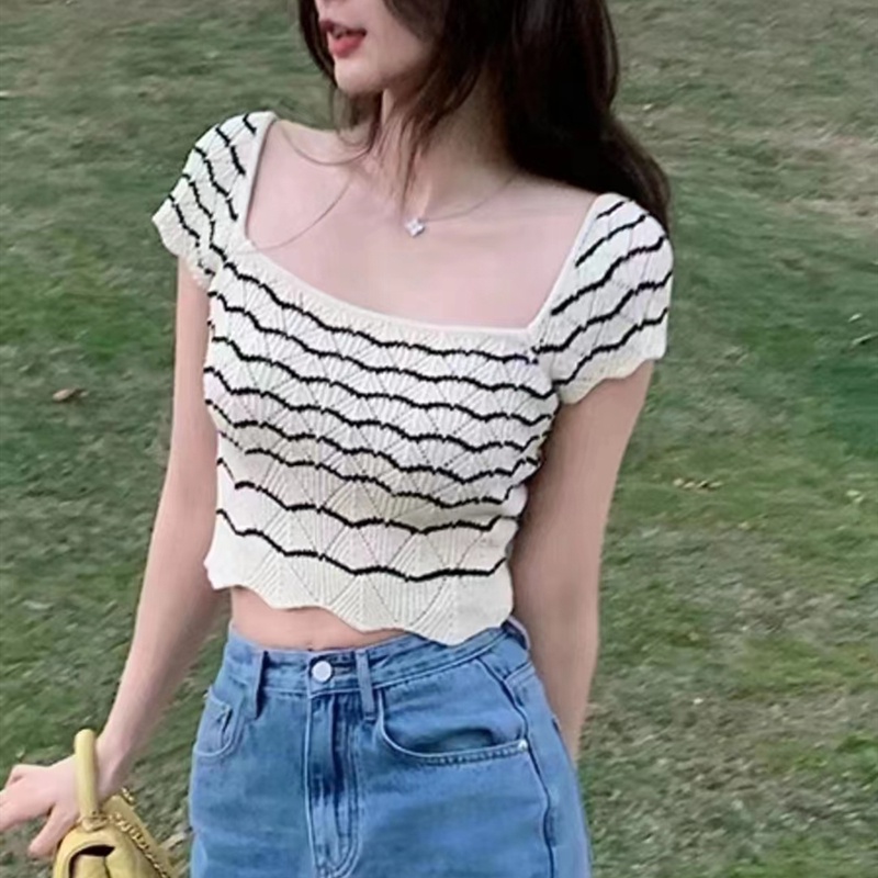 Đầm dệt kim SUXI cổ vuông không tay họa tiết kẻ sọc thời trang mùa hè cho nữ