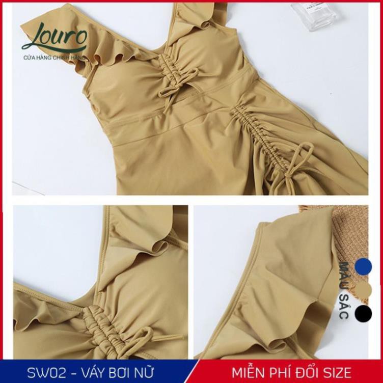 Áo bơi nữ 1 mảnh liền kín đáo Louro, kiểu bikini đi biển tay ngắn chun eo phong cách đồ bơi hàn quốc - SW02 ་  ྇