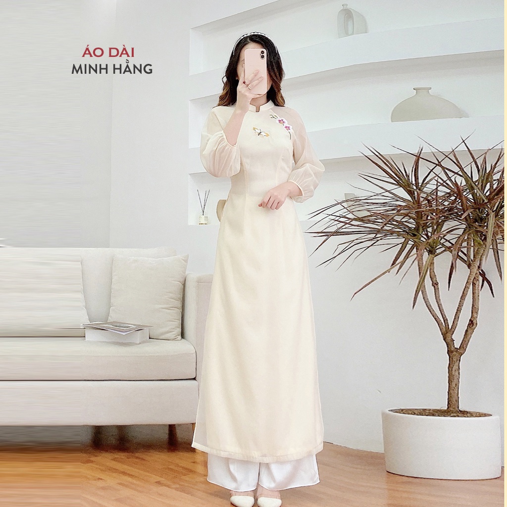 Áo dài nữ cách tân 4 tà thêu lan điệp hai lớp thủ công_ Áo Dài Minh Hằng