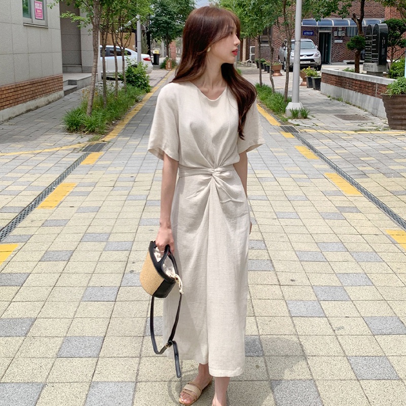 Váy cộc tay suông dài, thiết kế xoắn eo kiểu Pháp nhẹ nhàng sang trọng thanh lịch