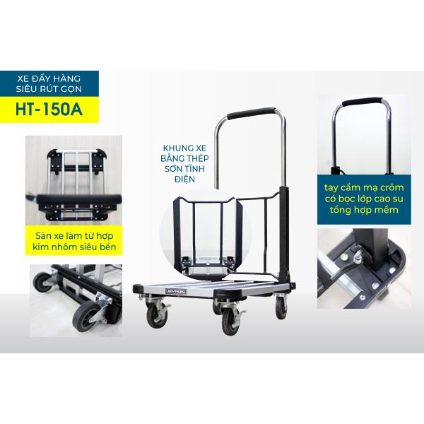 Xe đẩy hàng 4 bánh 150kg siêu rút gọn nhập khẩu Advindeq HT-150A, bánh xe chống ồn chốt hãm,xe kéo hàng đa năng mini