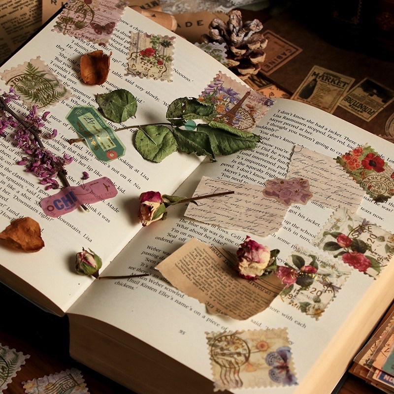 Set 20 Stickers Miếng Dán Nhãn Dán Tem Tag Hoa Lá Vintage Có Nhũ Vàng Óng Ánh Siêu Sang Trang Trí BulletJournal