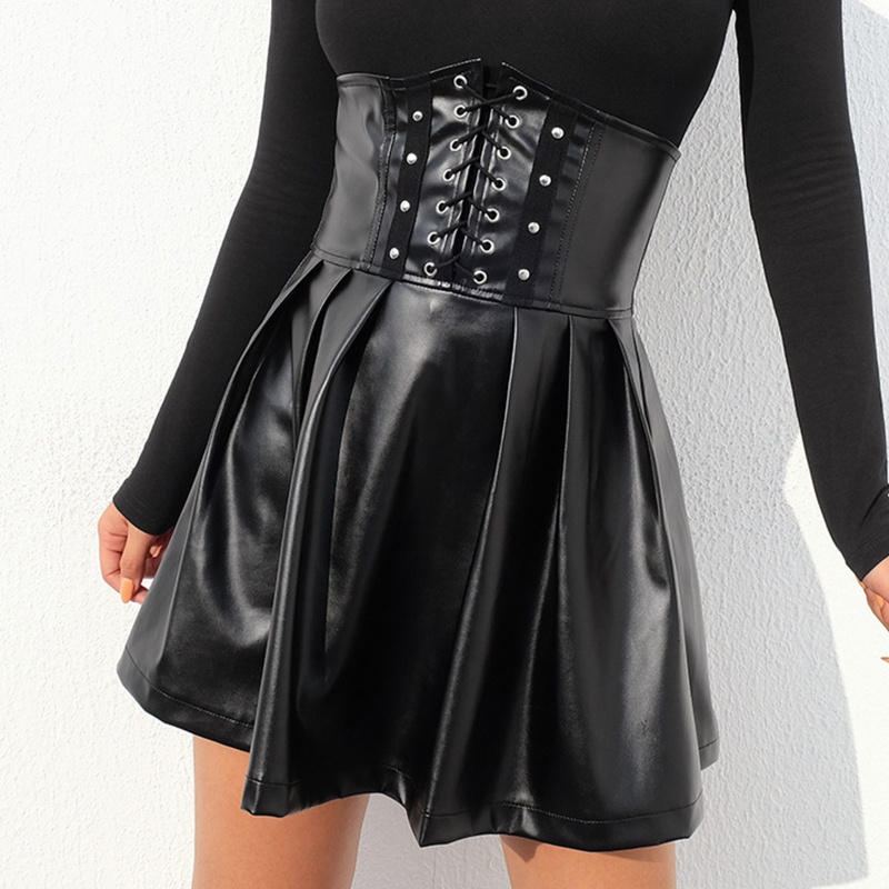 Xiangbao Chân Váy Da Giả Mini Lưng Cao Xếp Ly Cột Dây Phía Trước Sau Phong Cách Gothic Punk Harajuku Cho Nữ