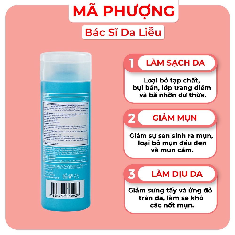 [CHÍNH HÃNG] Sữa rửa mặt giảm mụn giúp thu nhỏ lỗ chân lông Clear Paula’s Choice