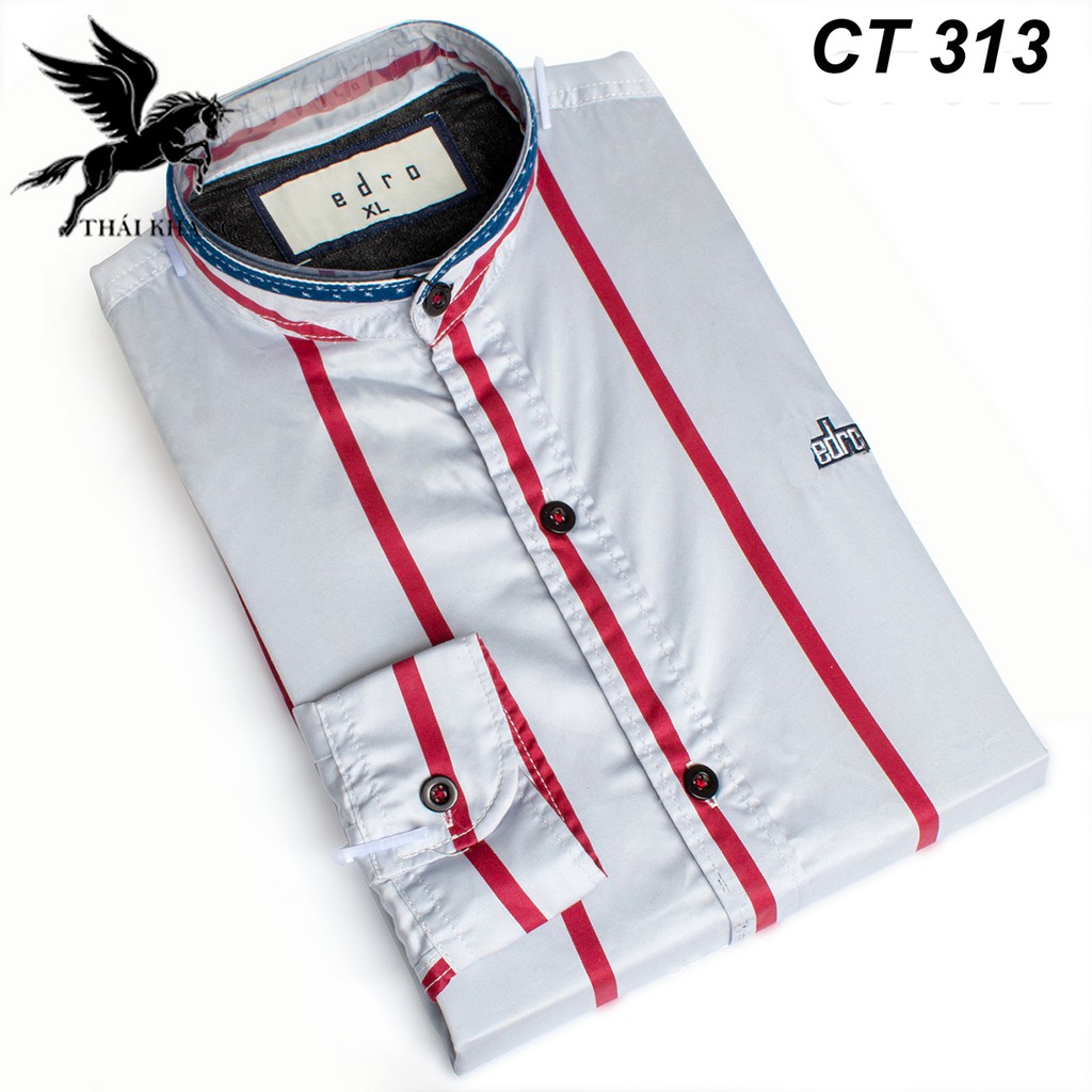 áo cổ trụ nam sơ mi sọc kẻ vải cotton mềm mát loại áo sơ mi nam cổ tàu form slimfit ASMCTD01 | BigBuy360 - bigbuy360.vn