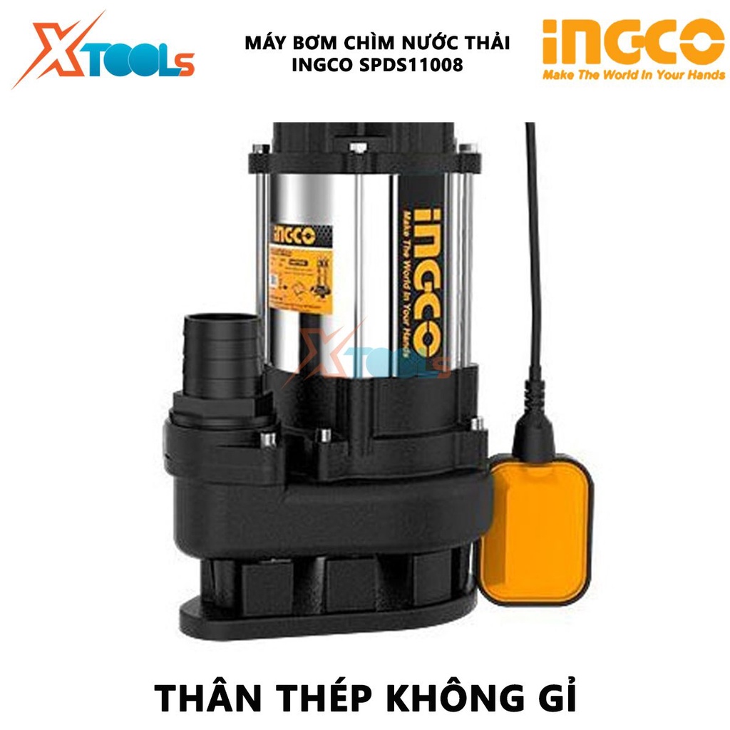 Máy bơm chìm nước thải INGCO SPDS11008 Máy bơm nước thải Điện áp 220-240V ~ 50Hz Công suất đầu vào 1100W (1.5HP) Cột áp