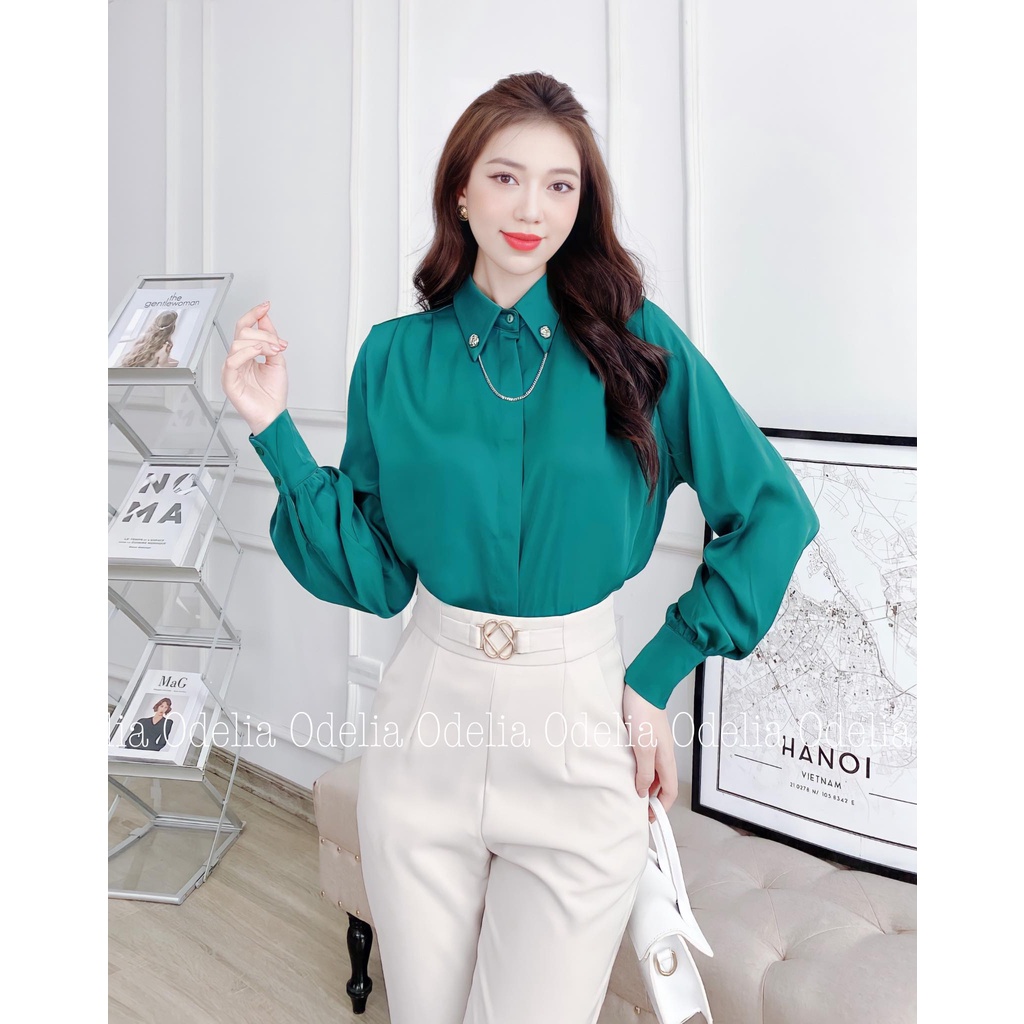 Áo sơ mi lụa dài tay Odelia, cổ bấm xích tháo rời - A6490