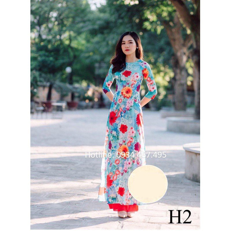 Áo dài Thúy Kiều lụa Nhật in 3D lụa Nhật hoa xuân xanh H2 ❤️FREESHIP❤️ mềm mại, co giãn, thấm hút mồ hôi